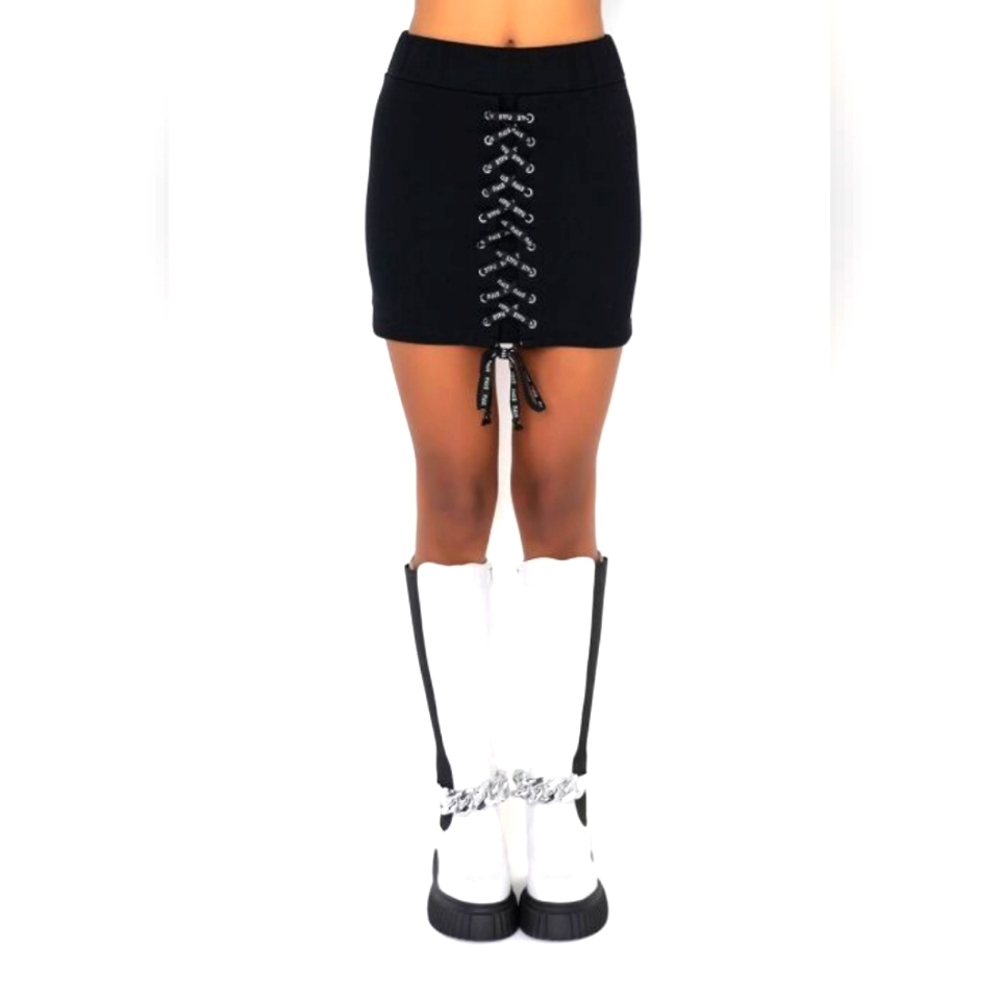 NWT AKIRA Label All She Wrote Lace Up Skirt,Size Medium, Black w/White Lettering
